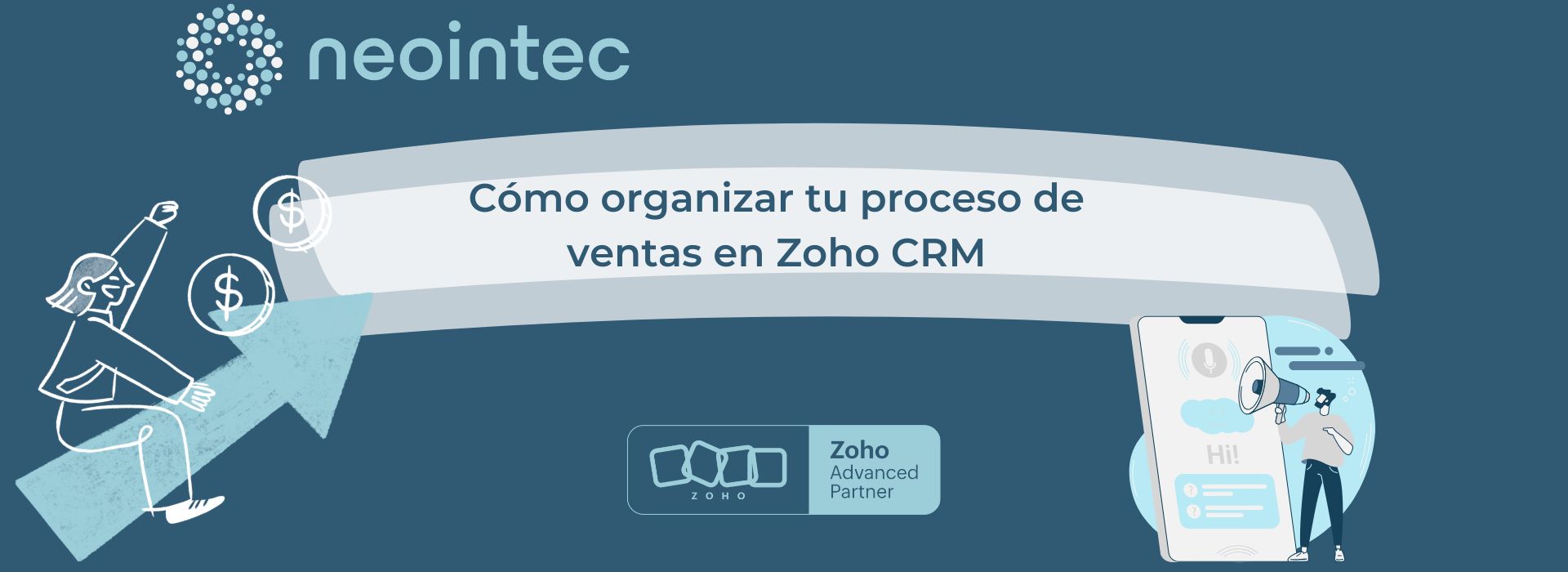 Diagrama del proceso de ventas en Zoho CRM: Posibles clientes, Cuentas, Contactos y Tratos (pipeline).