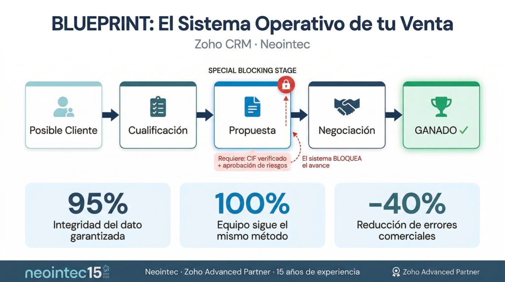Interfaz de Blueprint en Zoho CRM para la automatización del proceso comercial configurado por Neointec